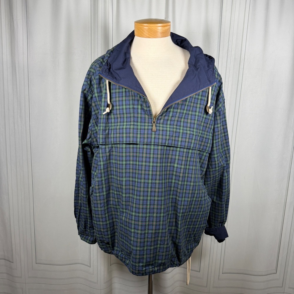 Vintage Lands' End Anorak Jacket Mens XL Plaid Pullover Windbreaker 100% Cotton